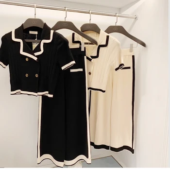 

Women Summer Knitted Turn Down Collar Short Sleeve Double-breasted Cardigan Tops + Wide Leg Pants 2 Pieces Clothing Set Suits