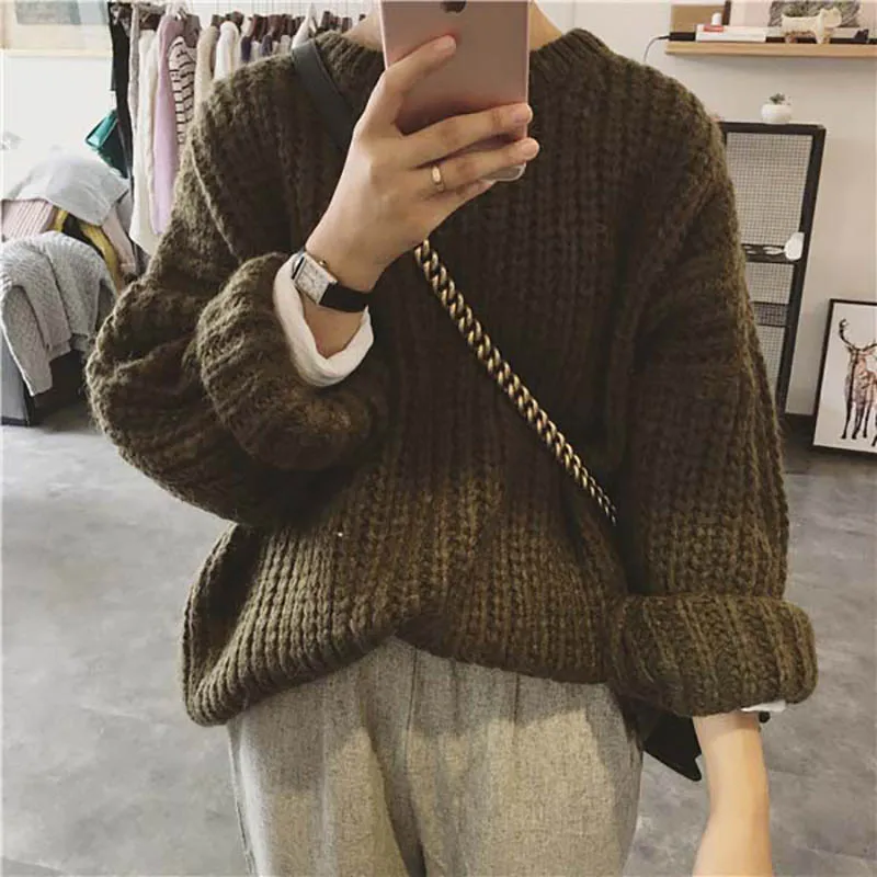 

Sweater Women Autumn Winter New Solid Color Thick Wool Knitted Pullover Tops O Neck Fashion Loose Harajuku Casual Sweater