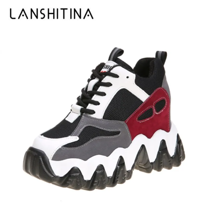 

New 2020 Spring Women High Platform Casual Shoes Leather Breathable Wedge Heels Shoes 10CM Winter Warm Thick Sole Sneakers Woman