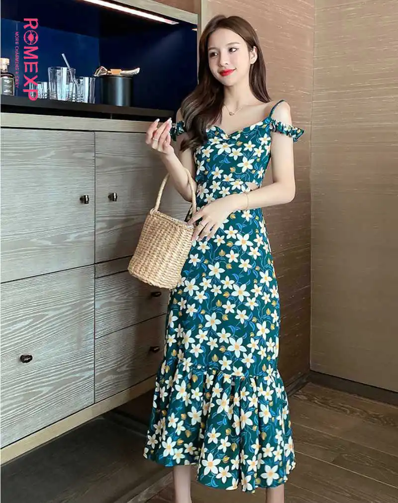 Romexp Summer New Temperament Casual French Halter Slim Mid-Length Chiffon Floral Ruffled Dress Party Elegant 2020 | Женская одежда