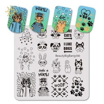 

Beautybigbang Stamping Plates Square Panda Cat Dog Heart Image Stainless Steel Nail Art Stamping Plates Stencil Template K510