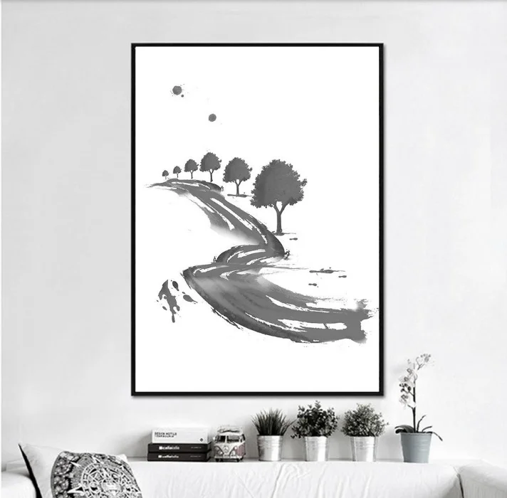 

Wall Art Canvas Painting Chinese Style Ink Simple Stream Trees Decorative Paintings Modular Picture for Living Room