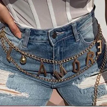 

European and American popular letter pendant double waist chain lamore metal whip chain waist jewelry by0168