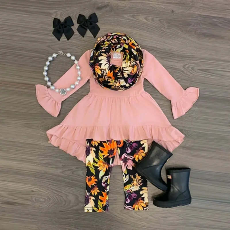 

Toddler Baby Kid Girls Long-sleeved Dress Tops Flower Pants Autumn Clothes Skirt