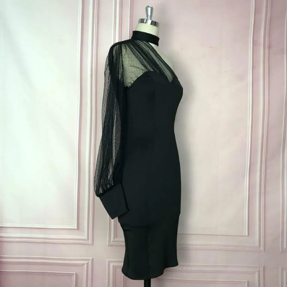 Сексуальные черные коктейльные платья с одним плечом, длинные рукава, Иллюзия шеи, прямые женские вечерние платья, Короткое мини-платье ESAN333