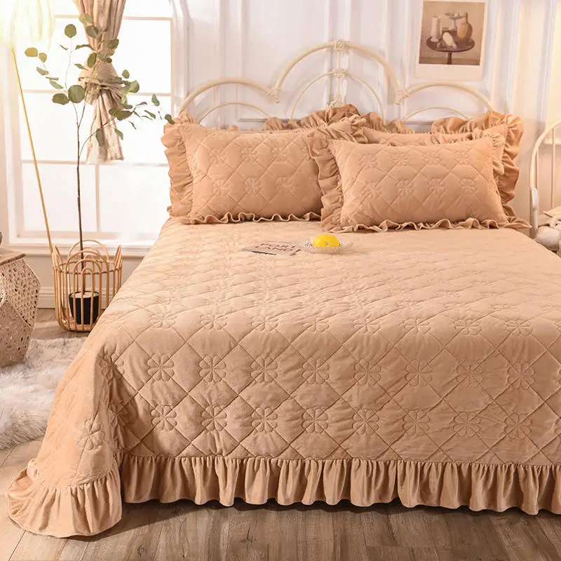 new Warming and Thickening Crystal Velvet Bedspread Fitted Sheet Pillowcases 2/3pcs Pure color Quilting Bedding