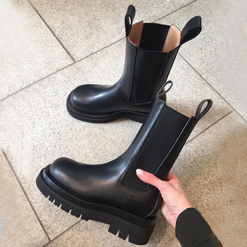 

Season Boots Woman England Wind Thick Bottom Chelsea Thick Cylinder With Genuine Leather Locomotive Short