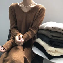 Double V-neck needle dress female 2021 autumn and winter new Korean version of the elastic warm thin bottoming sweater D202