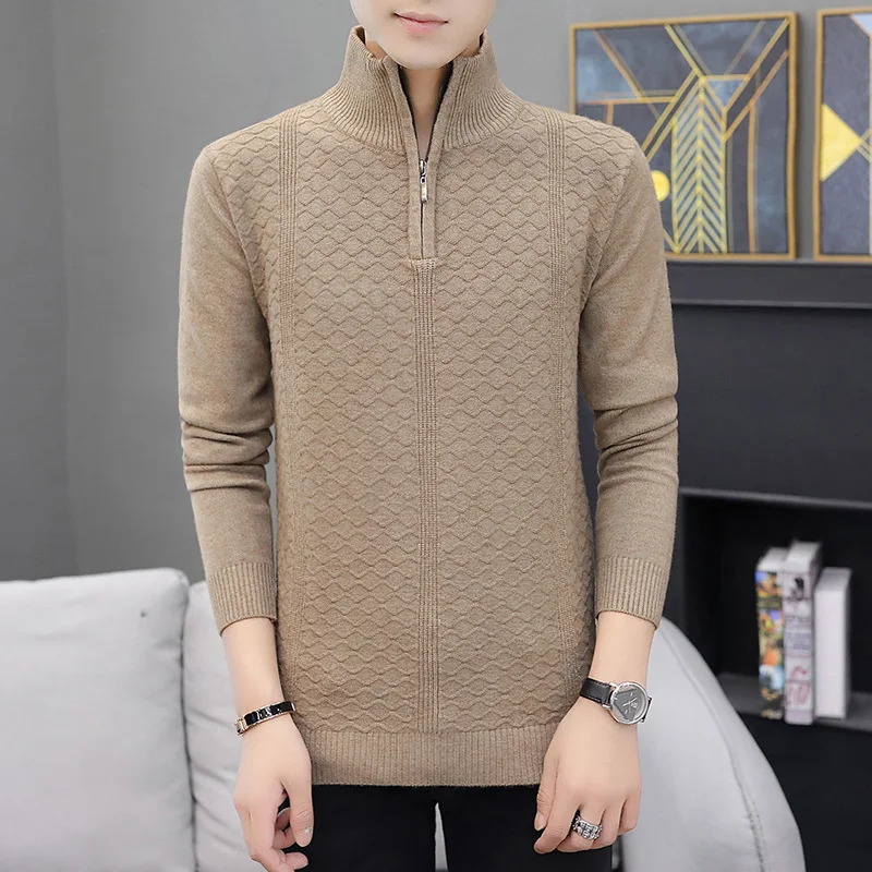 Mens Sweaters Simple Zipper Distressed Sweater Solid Color Sweater Men Leisure Half Zipper Winter Sweater Turtleneck Casual