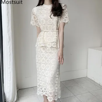 

Korean Lace Hollow Two Piece Sets Outfits Women Short Sleeve Belted Tops + Pencil Long Skirt Suits Sexy Fashion Elegant Set 2020