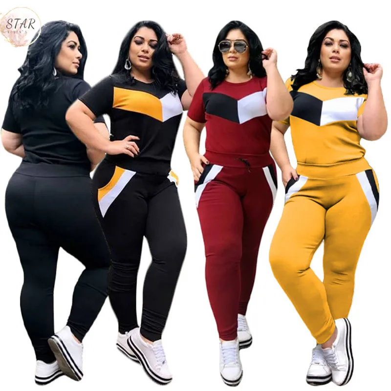 Mejor precio Conjunto de 2 piezas de talla grande para mujer, chándales, Top corto de retales, Leggings de manga corta, traje deportivo para correr, elástico, venta al por mayor, envío directo 7WJoR8E1mk0