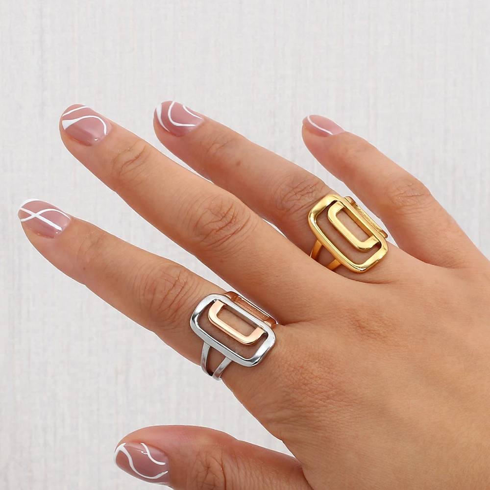 2021 New Stainless Steel Hollow Square Mix Rose Gold Silver Color Geometric Rings For Women