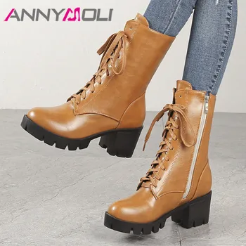 

ANNYMOLI Platform High Heel Motorcycle Boots Zip Mid Calf Boots Woman Block Heel Shoes Lace Up Ladies Footwear Winter Brown 46