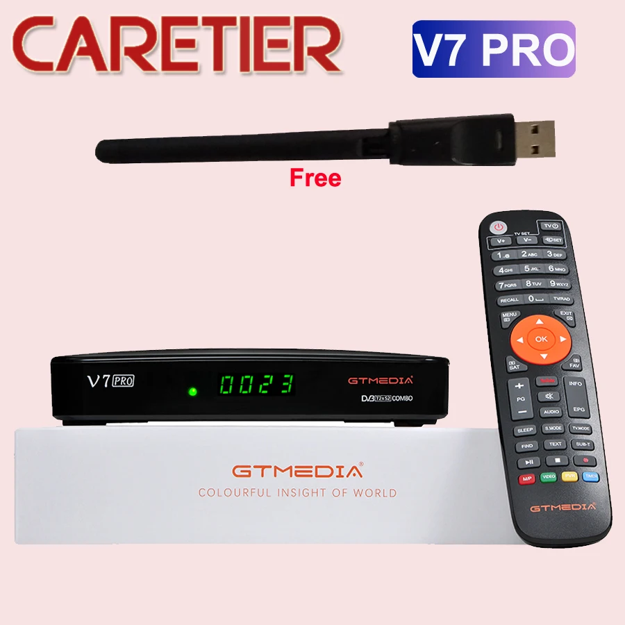 GT Media V7PLUS HD FTA Receptor satelital Free to Air DVB-S2 / T2  Decodificador de satélite de TV Digital Galaxy 19 Integrado con Antena WiFi  USB Full