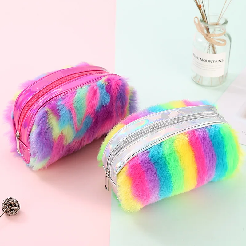 

Rainbow Color Plush Pencil Bag Student Large Capacity Stationery Storage Bag Ladies Plush Sequin Pencil Case School Supplies