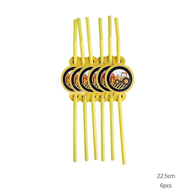 6pcs straws 6pcs Construction Theme Birthday Party Disposable Party Tableware for boys Birthday Decoration Cartoon Car Party Balloons Plates - Цвет: 6pcs straws