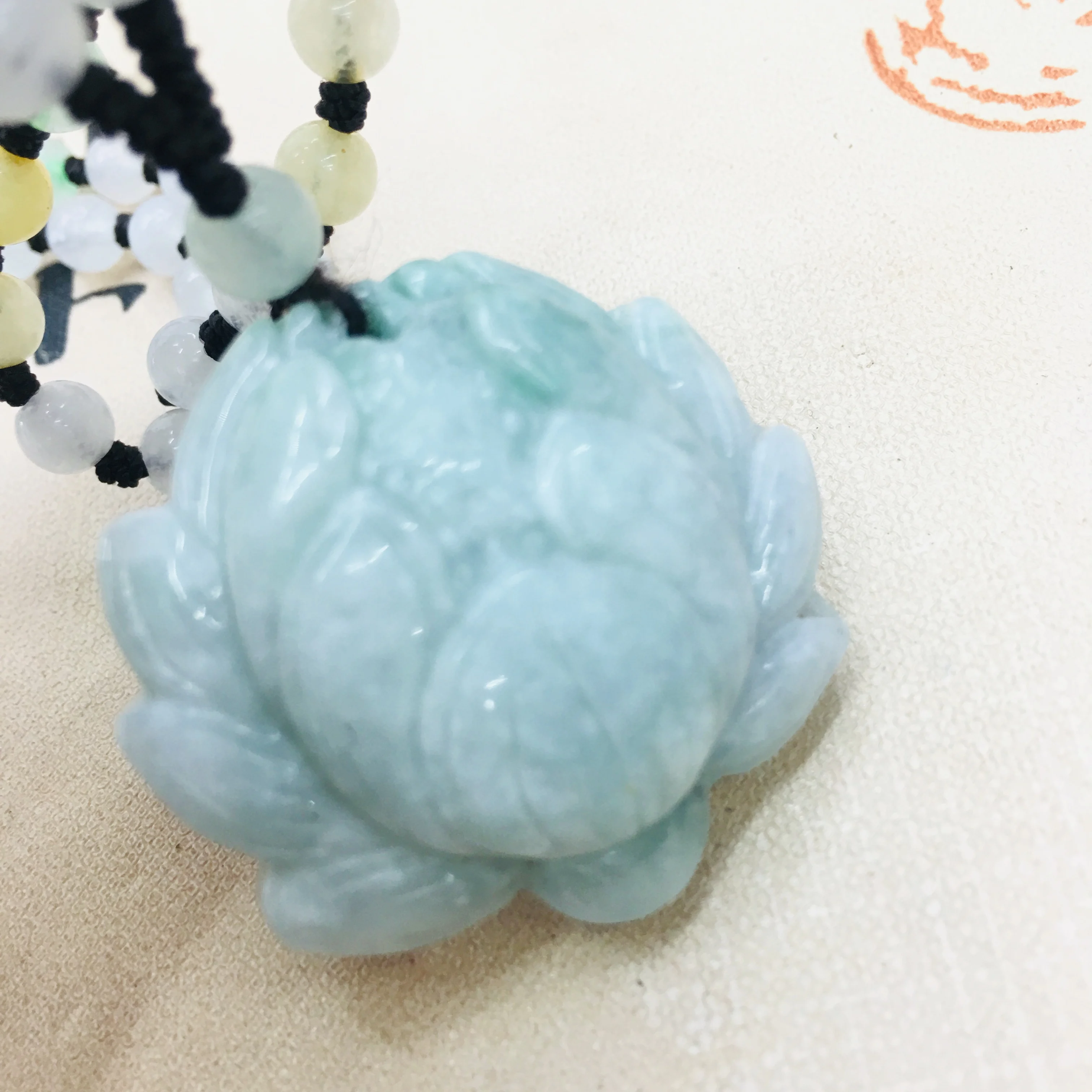 

Pure natural Emerald jade hand carved lotus pendant three-color jade bead necklace men and women sweater chain