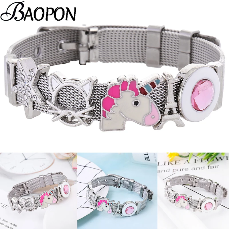 BAOPON Charm Jewelry Silver Color Stainless Steel Mesh Bracelets Set Unicorn Tower Fine Bangles for Woman Gift | Украшения и