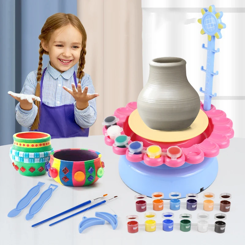 

Mini Electric Pottery Machine Household Pottery Making Toy Interactive Game DIY Handicraft Ceramic Kit With Pigment Clay Kid Toy