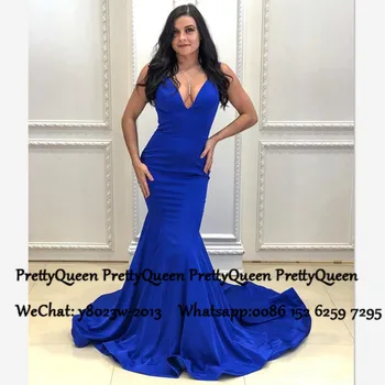 

Royal Blue Evening Dress Mermaid Long Chapel Train 2020 Sexy Deep V Neck Robe De Soire Formal Prom Dresses Party For Women
