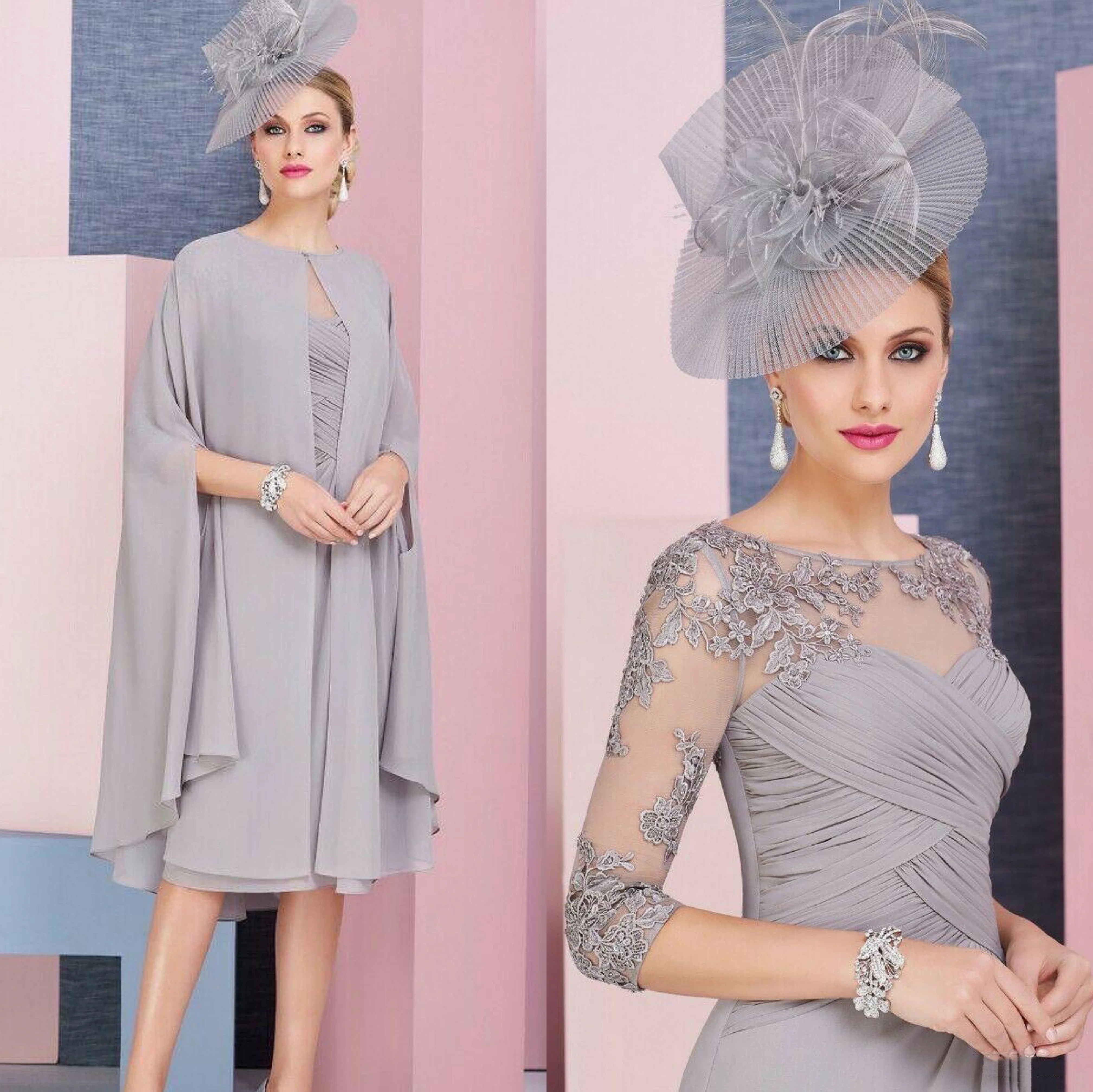 

Elegant Grey Mother of the Bride Dress With Cape Jacket Chiffon Appliqued 2 Pieces Wedding Evening Prom Mother Gowns Knee Length