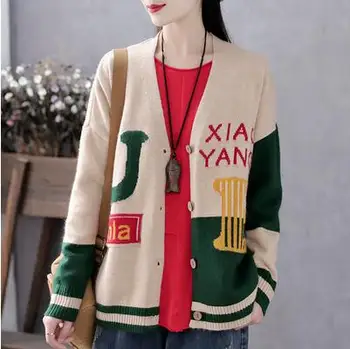 

Women Sweaters v-neck letter print Sweater Autumn Winter Knitwear lazy style cardigen casual chic vintage tops TB3704