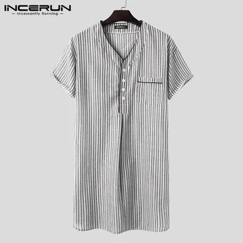 INCERUN-레저 스트라이프 홈웨어 남성 코튼 잠옷, 여름 반팔 v넥 나이트 가운, 통기성 좋고 편안한 나이트 웨어, 플러스 사이즈