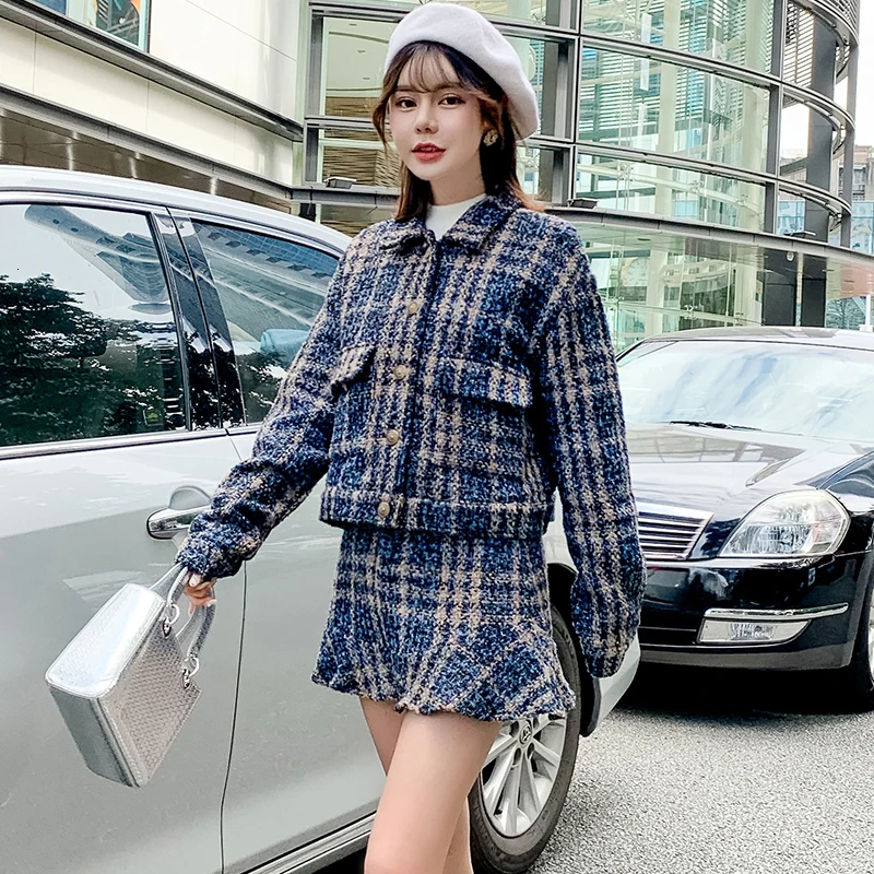 

Women's Tweed Set Two Piece Outfits Autumn Fashion Single Breasted Wool Blends Tweed Jackets + Elegant Ruffles Hem Skirt Suits