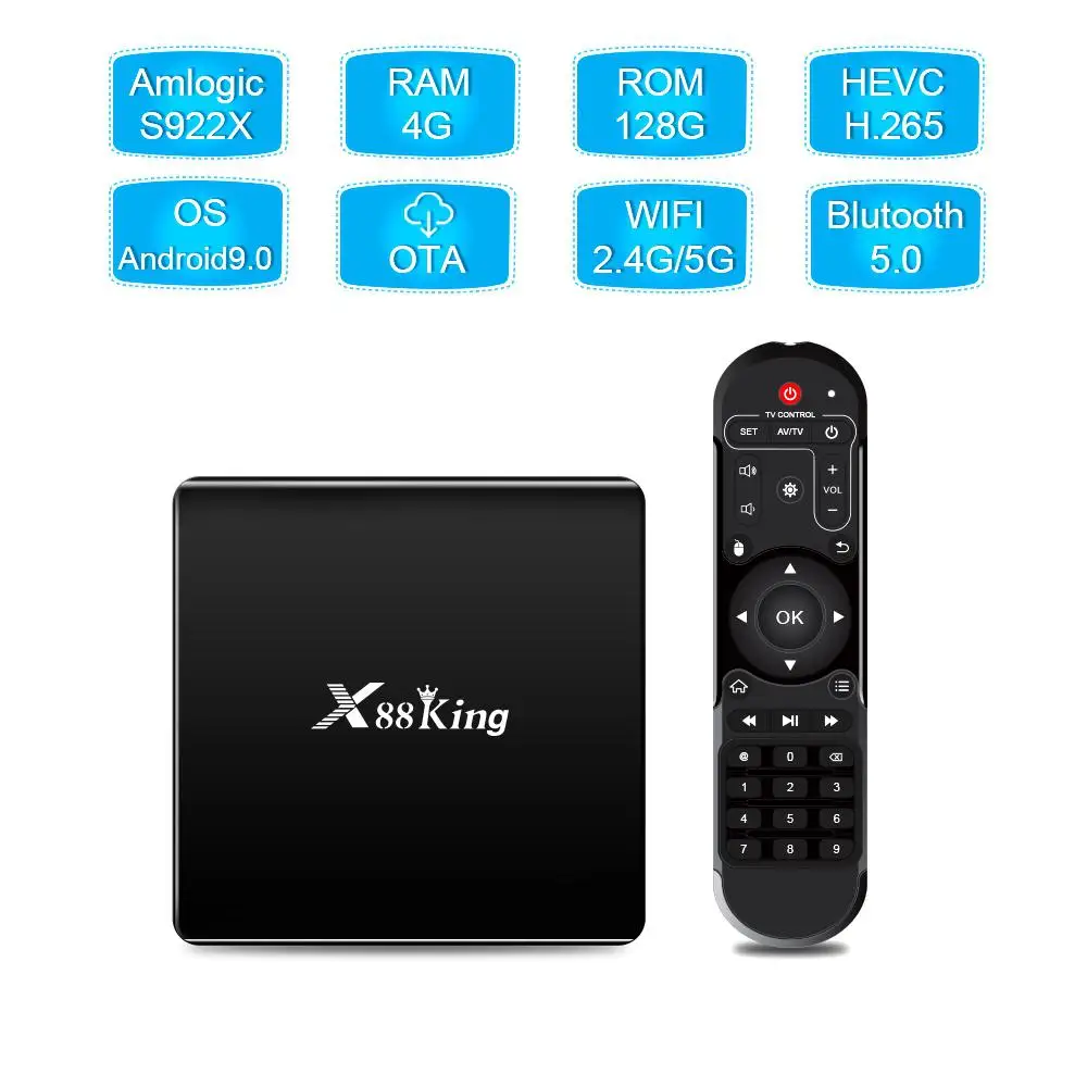

IdealHouse X88 King TV Box 4GB LPDDR4 SDRAM 128G Flash for Amlogic S922X Android 9.0 Dual WiFi BT5.0 1000M RJ45 4K Media Player