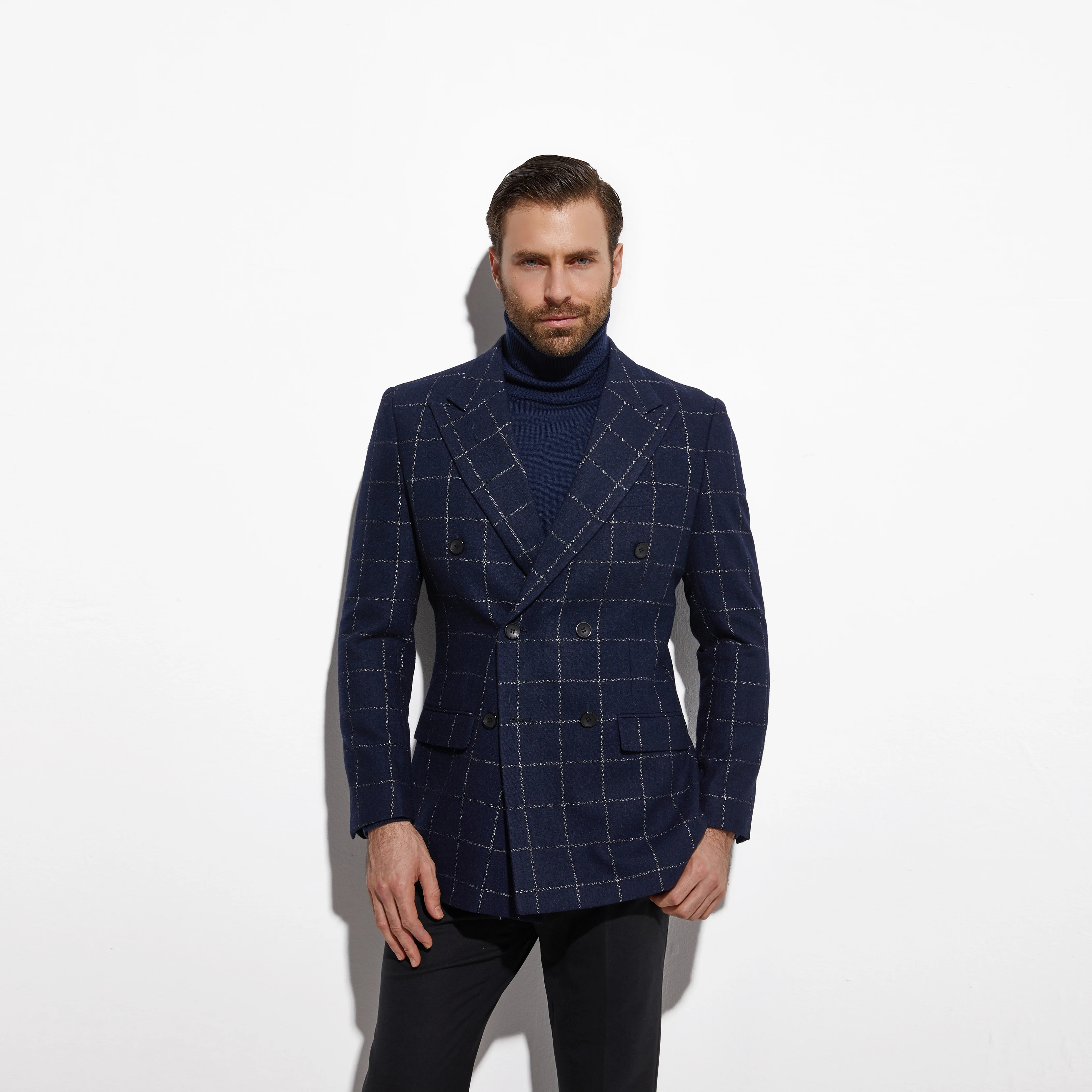 Fashion Tweed Jacket Double Breasted Blazer Navy Windowpane Jacket with Wide Peak Lapel Custom Made  Warm Slim Wool Blend Blazer
