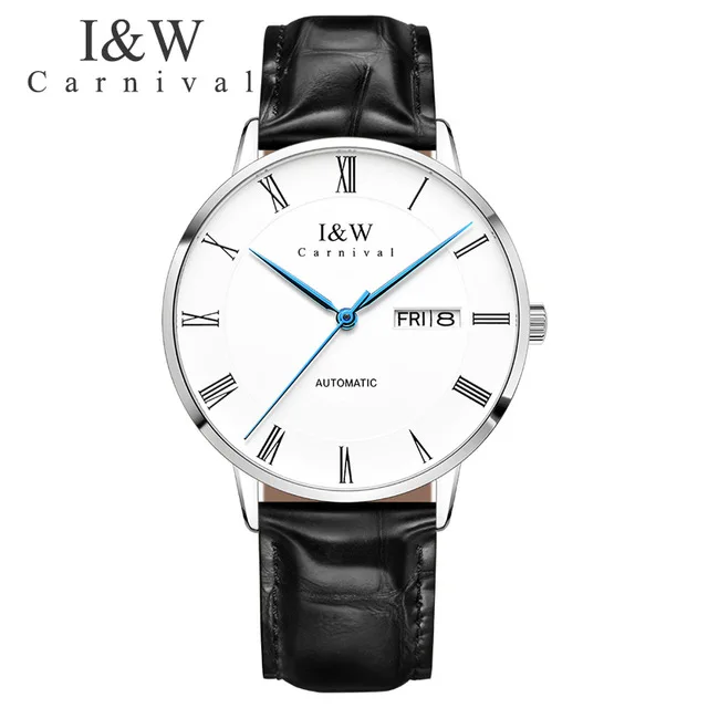 Carnival I&W Thin Automatic Watch Men Leather Strap Mechanical Watches Top Brand Luxury Roma Number Clock relogio masculino - Цвет: Кофе