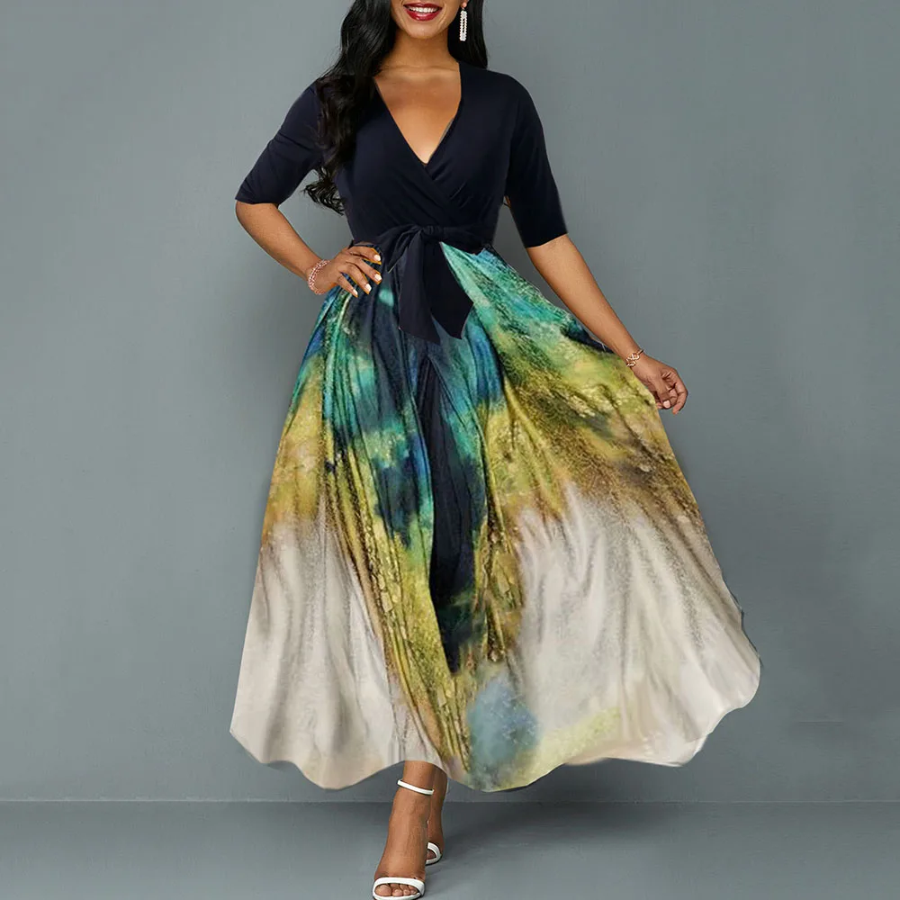 Африканское платье с v-образным вырезом винтажное печатное Ретро женское летнее платье с рукавом до локтя размера плюс длинное платье макси с высокой талией вечерние платья