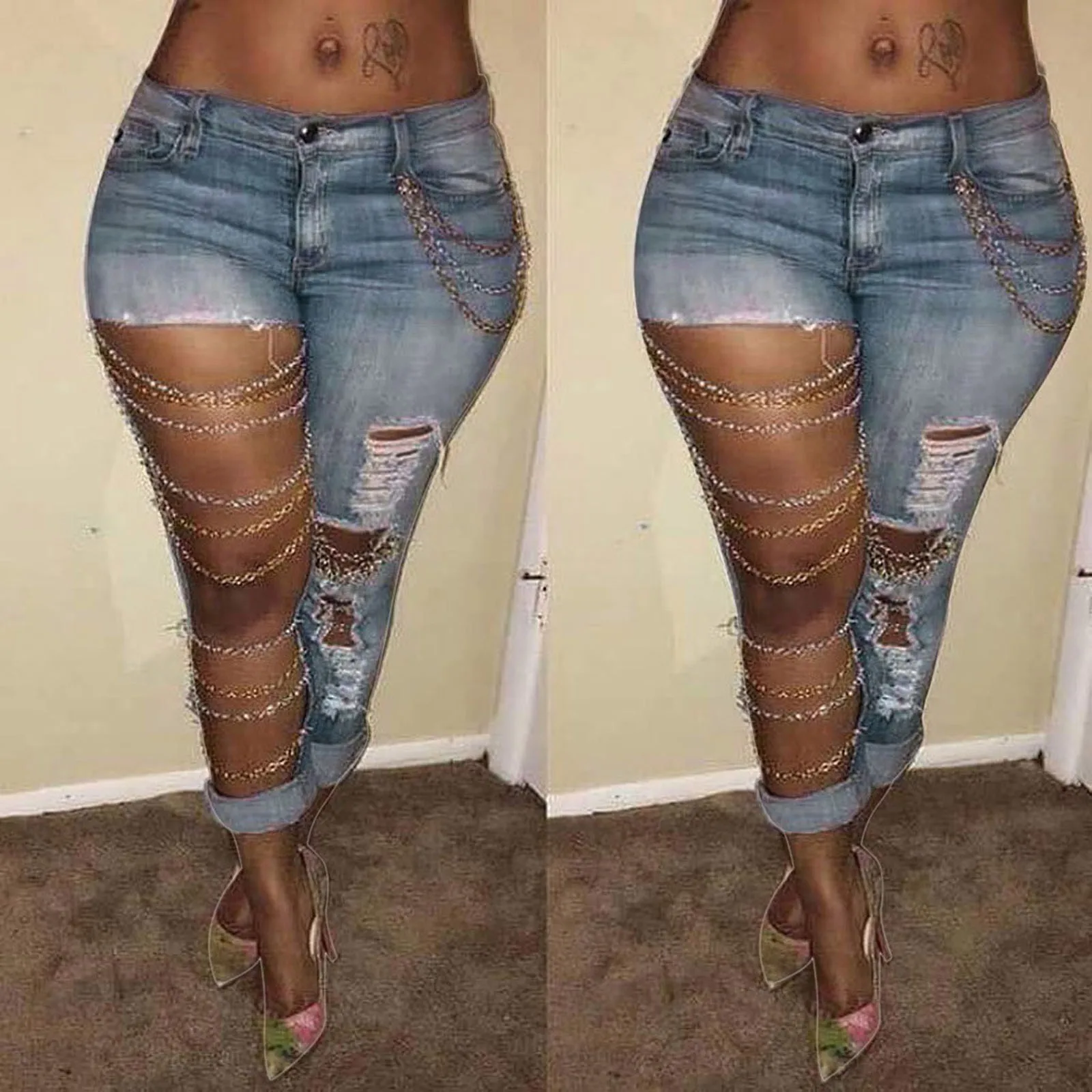 Fashion Women Denim Jeans Ripped Chain Big Hole Hollow Out Jeans Trousers Solid Slim Skinny Streetwear Pencil Pants Джинсы 1