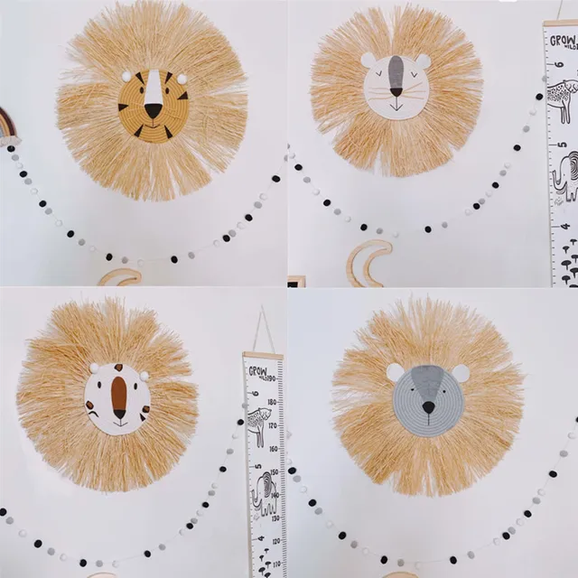 OOTDTY Nordic Style Cartoon Lion Wall Hanging Toy Handmade Cotton Thread Weaving Animal Head Ornament Kids Girls Room Decor 1