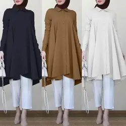Vintage Asymmetrical Shirts Women's Autumn Blouse ZANZEA 2023 Casual Long Sleeve Turkish Robe Shirts Female Solid Islam Clothing