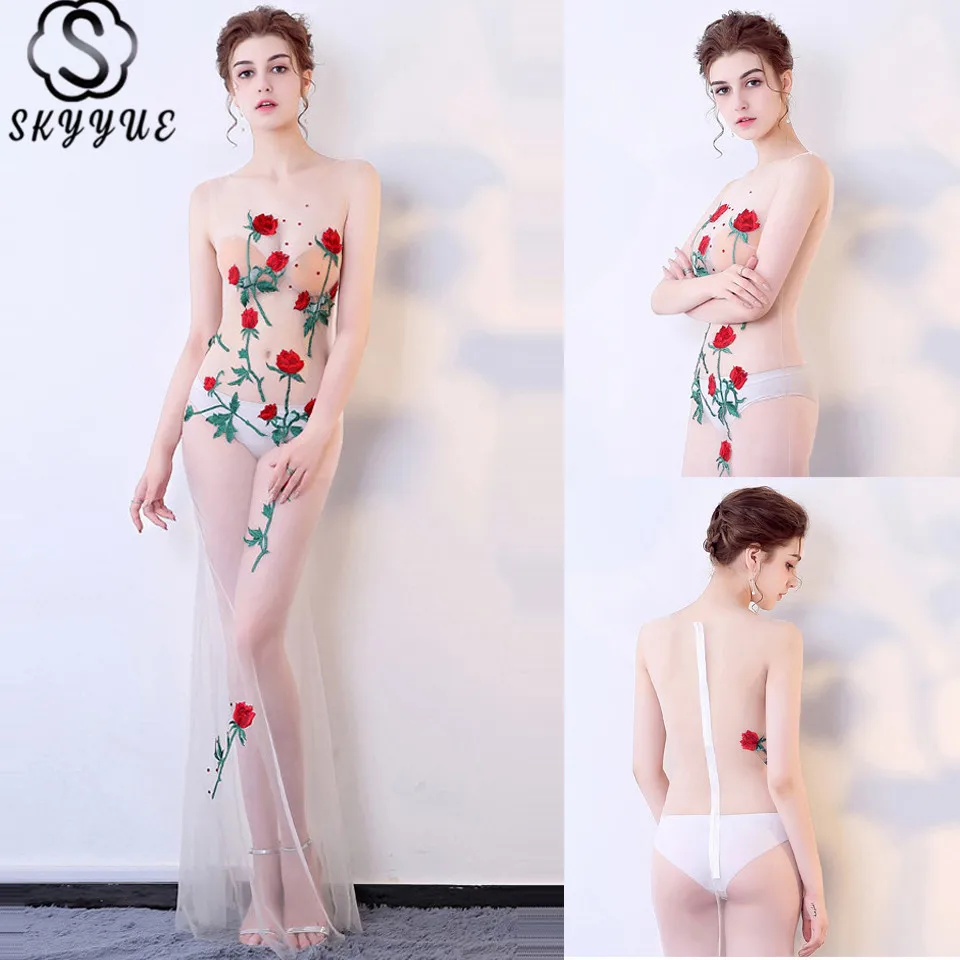 

Skkyue Perspective Dress Sleeveless O-Neck Appliques Long Dresses Evening Illusion Crepe Crystal Robe De Soiree H033