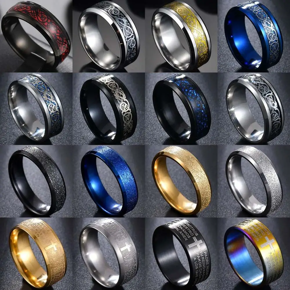 

8 Colors in Stainless Steel Dragon Rings Men Jewelry Engagement Retro Vintage Rings Cross Bible Men Anel Wide 8mm/6mm