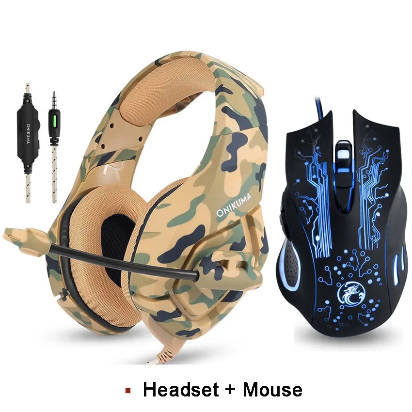 ONIKUMA K1 Camouflage PS4 Gaming Headset with Mic Bass Stereo Game Headphones+7 Buttons 5000 DPI LED Light Pro Gaming Mouse - Цвет: Headset and Mice 2