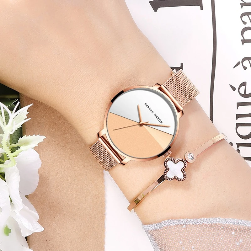 

Korean Style Women Watches Luxury Two-color Stitching Rose Gold Ladies Watches With Mesh Strap Minimalism Waterproof Woman Watch