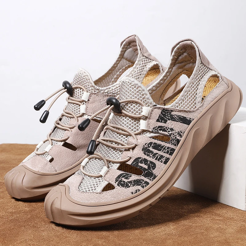 Men's Sandals New Fashion Breathable Leisure Beach Summer Men Shoes High Quality Leather Mesh Splicing Sandals Size 38-48