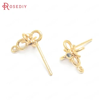 

(37664)6PCS Height 11MM 24K Gold Color Brass and Zircon Flower Shape Stud Earrings Pins Jewelry Making Supplies Diy Accessories