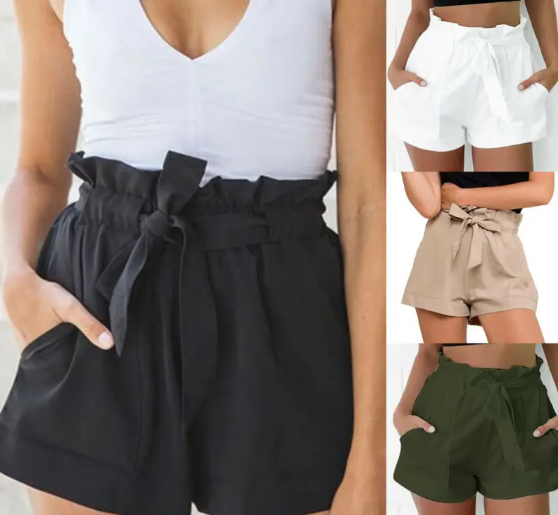 Summer Womens High Waist Bowtie Belt Shorts Ladies Fashion Ruffles Waist Loose Solid Color Beach Holiday Buttom Shorts