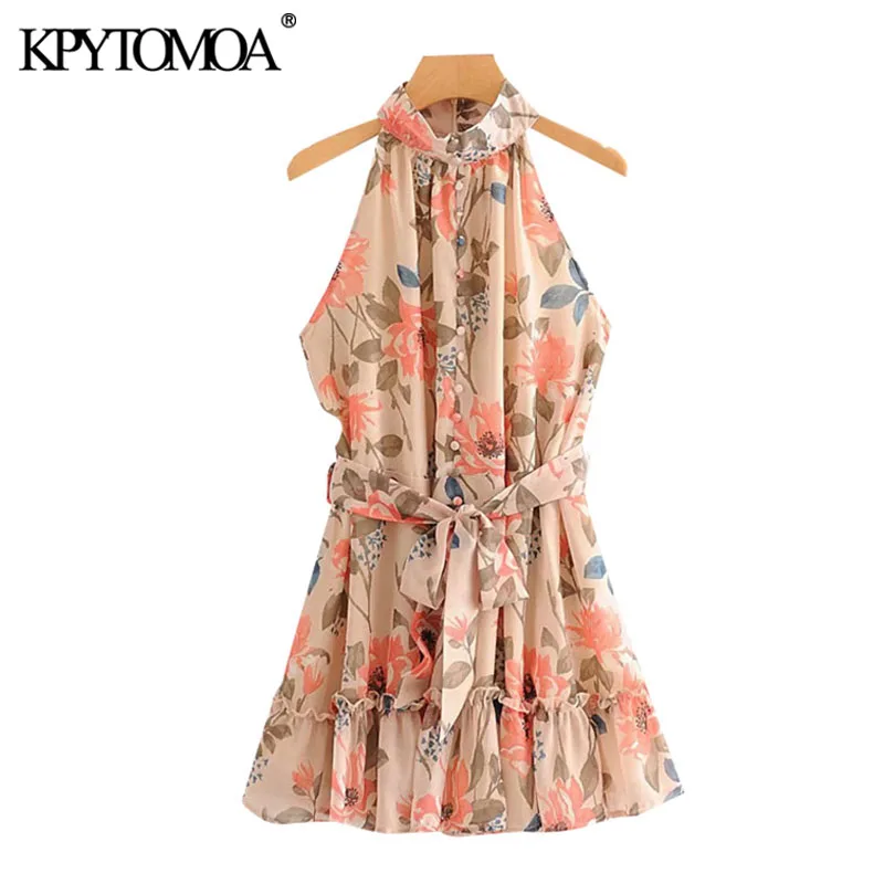 KPYTOMOA Women 2020 Chic Fashion Floral Print With Belt Chiffon Mini Dress Vintage Sleeveless With Lining Female Dresses Mujer KPYTOMOA Women 2020 Chic Fashion Floral Print With Belt Chiffon Mini Dress Vintage Sleeveless With Lining Female Dresses Mujer