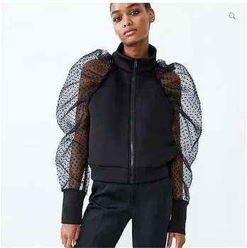 

New Autumn Women High Collar Coat Polka Dot Mesh Sheer Puff Sleeve Hoodie Sweatshirt Jacket Sexy Women Tops