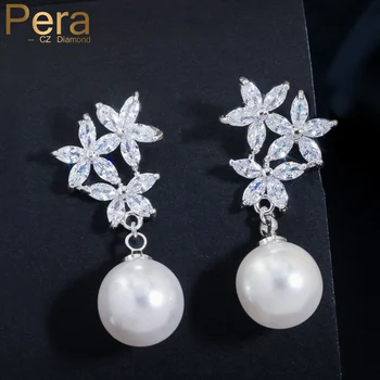 

Pera Fashion Famous Brand Cubic Zirconia Jewelry Accessories With Big Flower Freshwater Imitation Pearl Drop Women Earrings E220