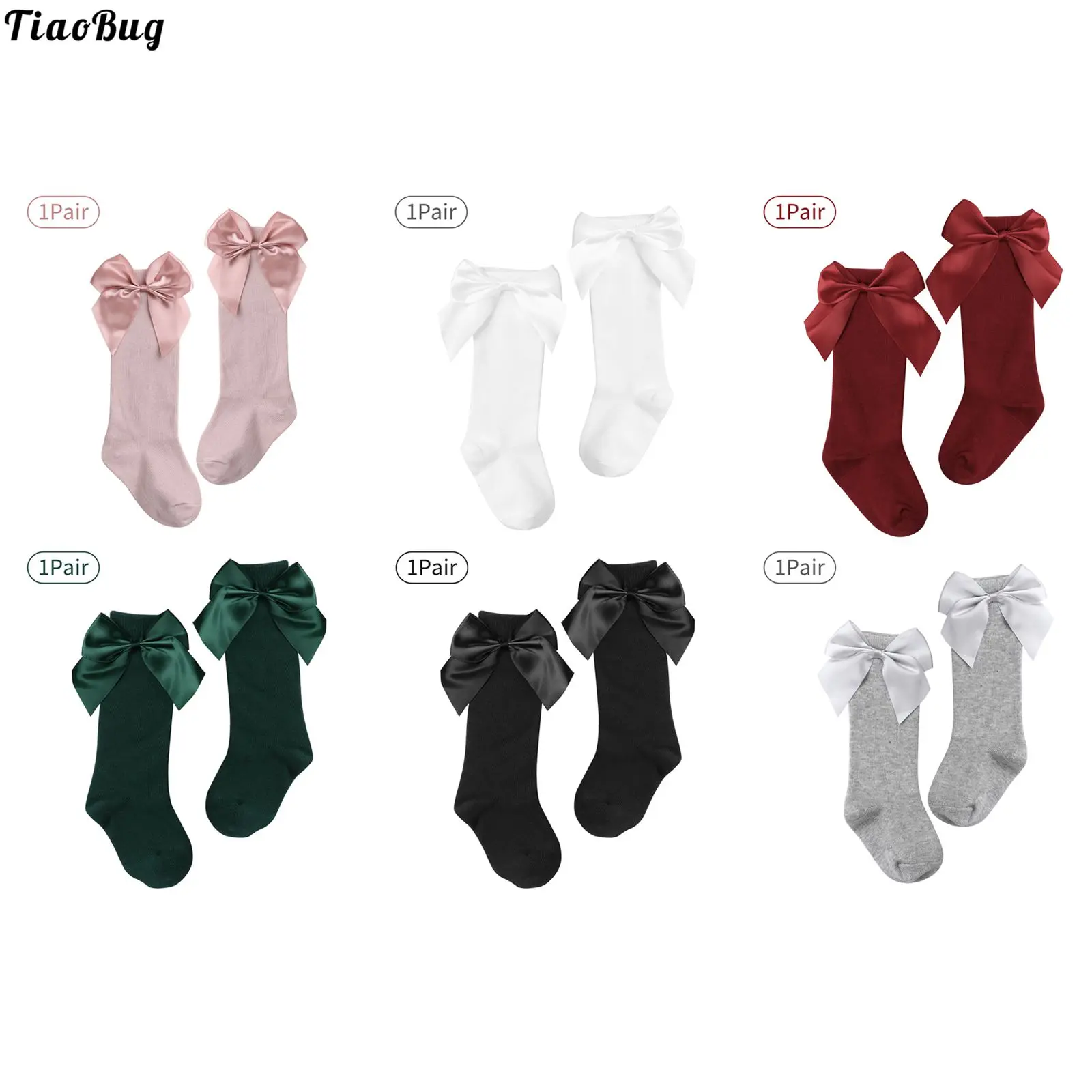 

TiaoBug 1 Pair Kids Girls Big Bowknot Pure Color High Socks Good Elasticity Knee High Cotton Socks For Tutu Dress