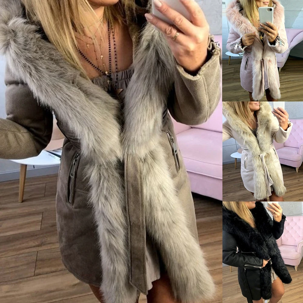 

Warm Women's Winter Jacket Fur Collar Belt Ladies Casual Long Sleeve Plush Coat Slim Jacket Vintage Oversize Coats Plus Size