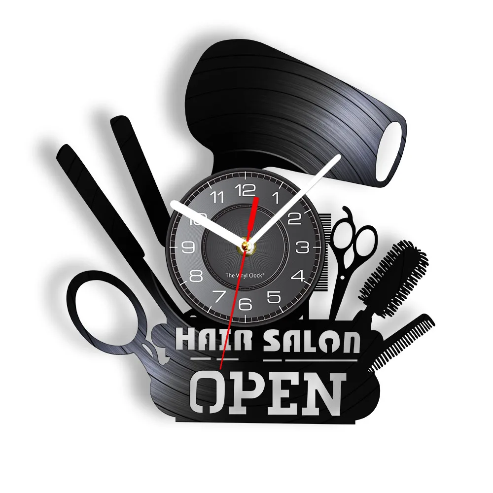 Hair Salon Open Modern Vinyl Record Wall Clock Hairdressing Tools Laser Cut Longplay Wall Watch GIfts For Hair Stylists & Shops 