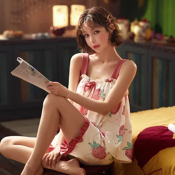 

Cartoon Animal Pattern Pajamas Set Spaghetti Strap Sleepwear Pyjamas Women Summer Hot Homewear Lovely Style Loungewear XXL