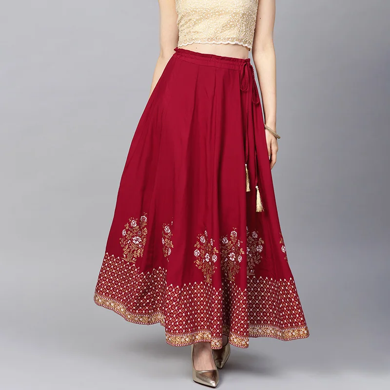New India Sarees Costume Ethnic Style Kurtas Woman Performance Dance Red Cotton Leng Ha Skirt